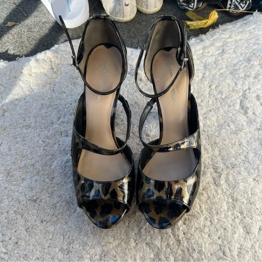 Via Spiga: Metallic Leopard Print Peep Toe D'Orsay Ankle Strap Platform Heels